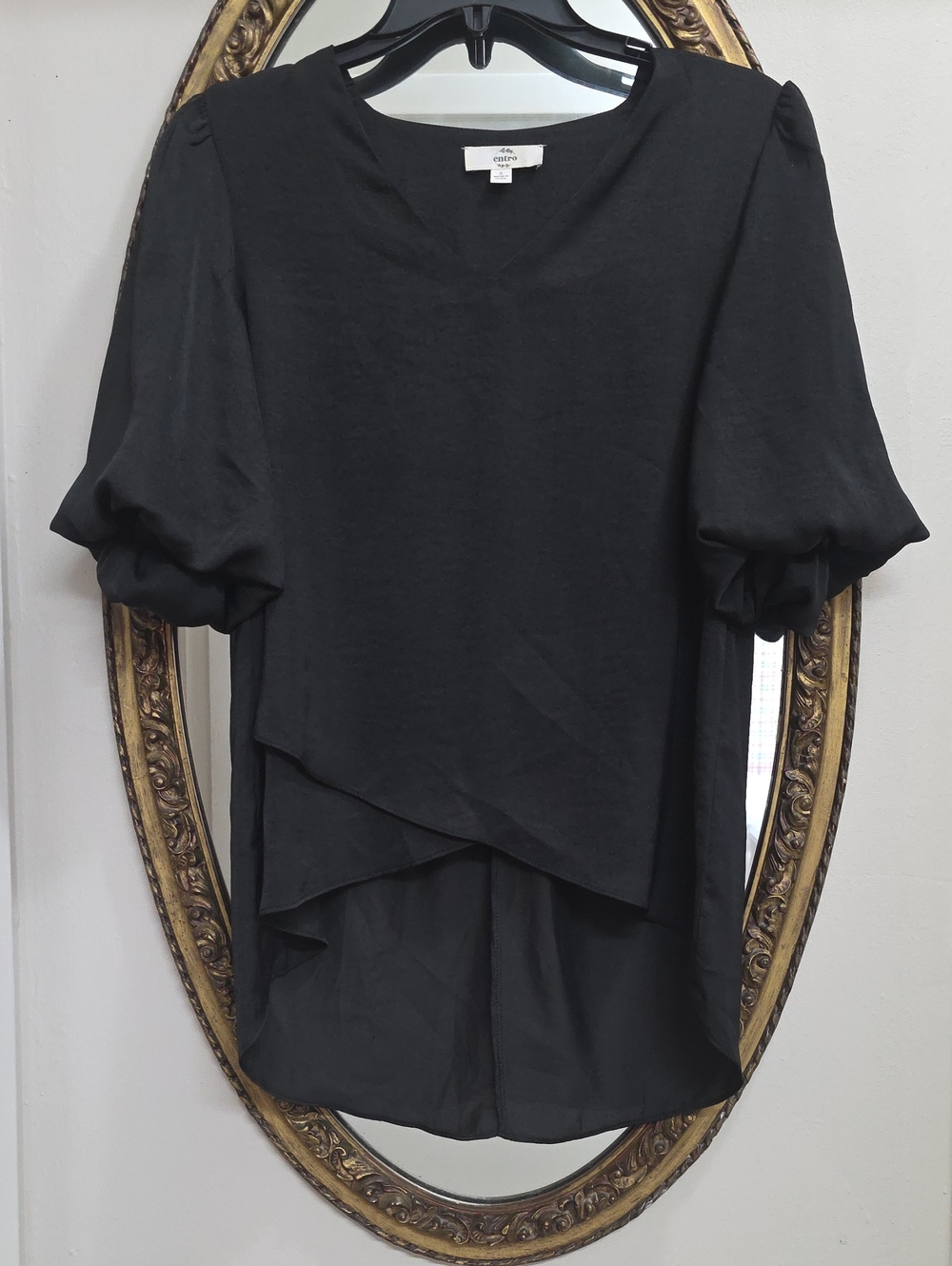Entro Black Puff Sleeve V-Neck Women's Top Hi Low Hem Size Small